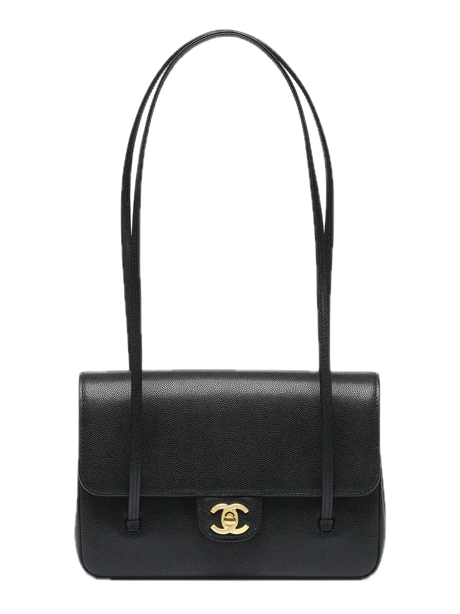 Black Grained Calfskin Flap Bag, front view