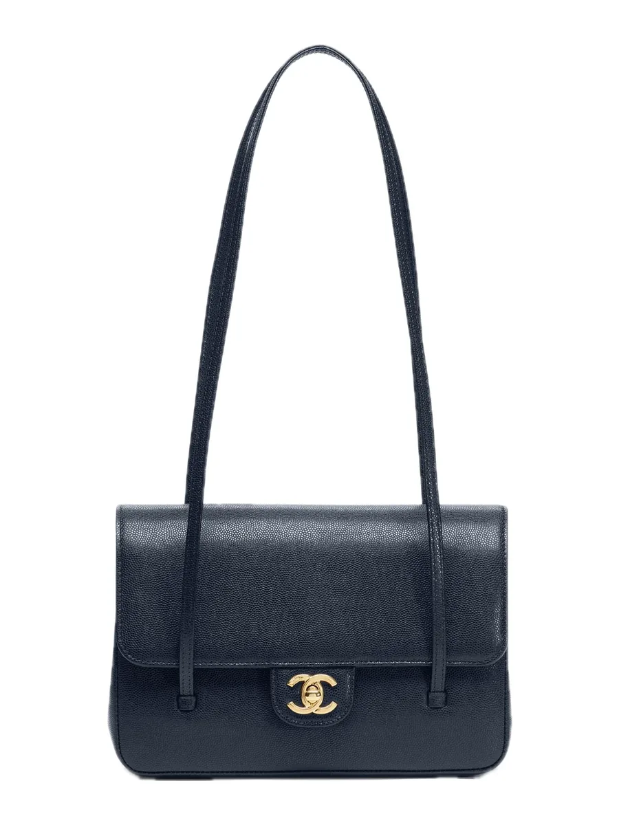 Dark Blue Grained Calfskin Flap Bag, front view