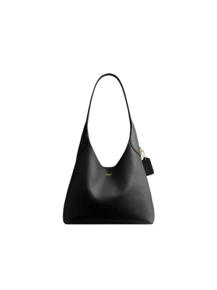 Black Grain Leather Hobo Shoulder Bag, front view