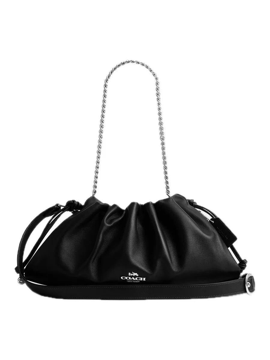 Black Smooth Leather Drawstring Shoulder Bag, front view