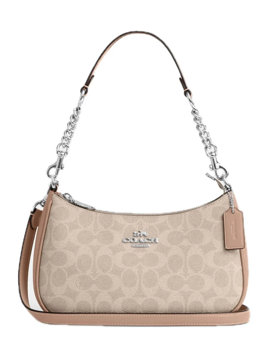 Sand and Taupe Coated Canvas Shoulder Bag, front view