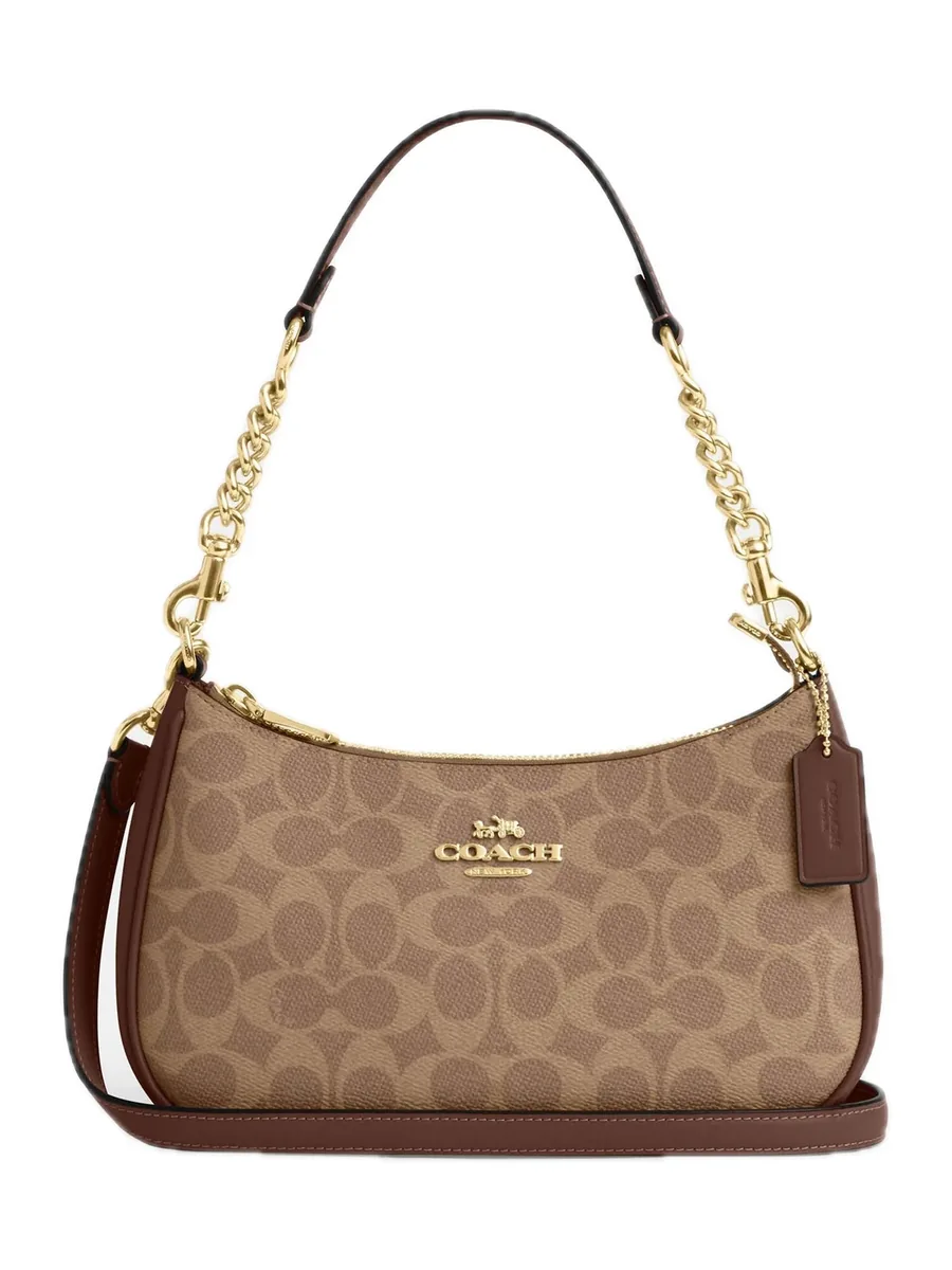 Tan and Brown Coated Canvas Shoulder Bag, front view