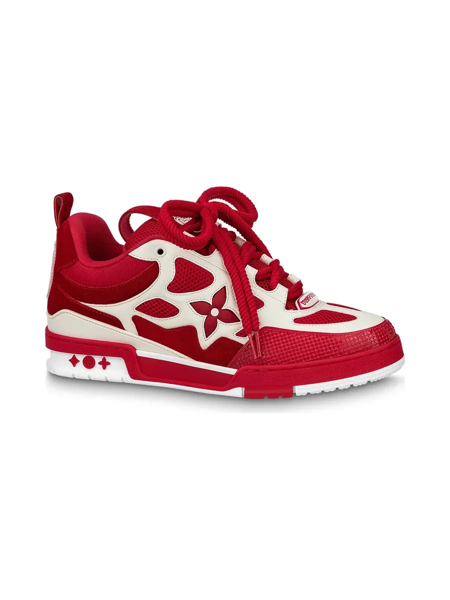 Red and Cream Mesh and Leather Sneaker, three-quarter view