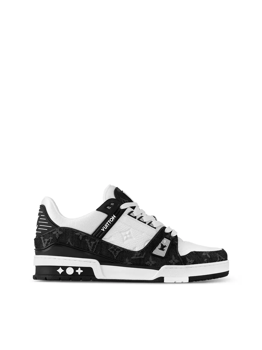 Black Denim and Embossed Leather Sneaker, side view
