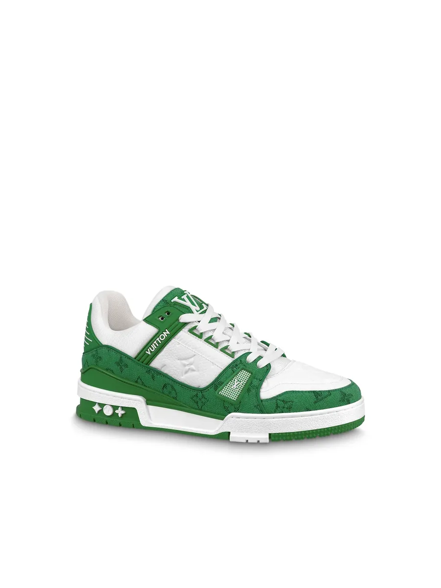 Green Denim and Embossed Leather Sneakers, pair, three-quarter view