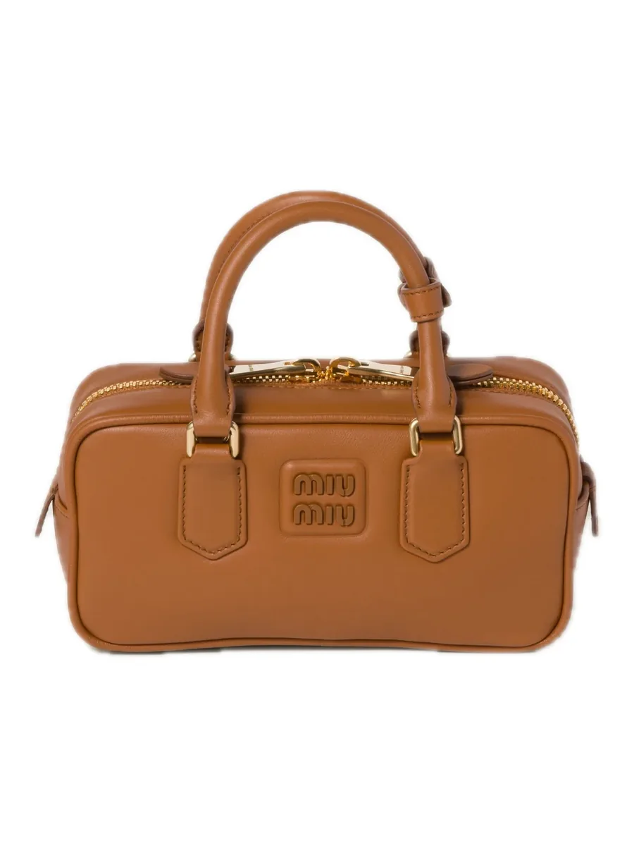 Cognac padded leather top-handle bag, front view