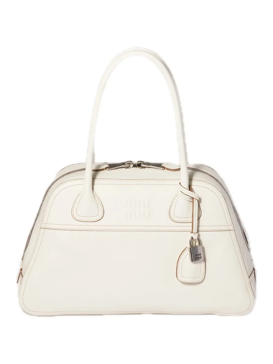 Chalk White Leather Bowling Bag, front view