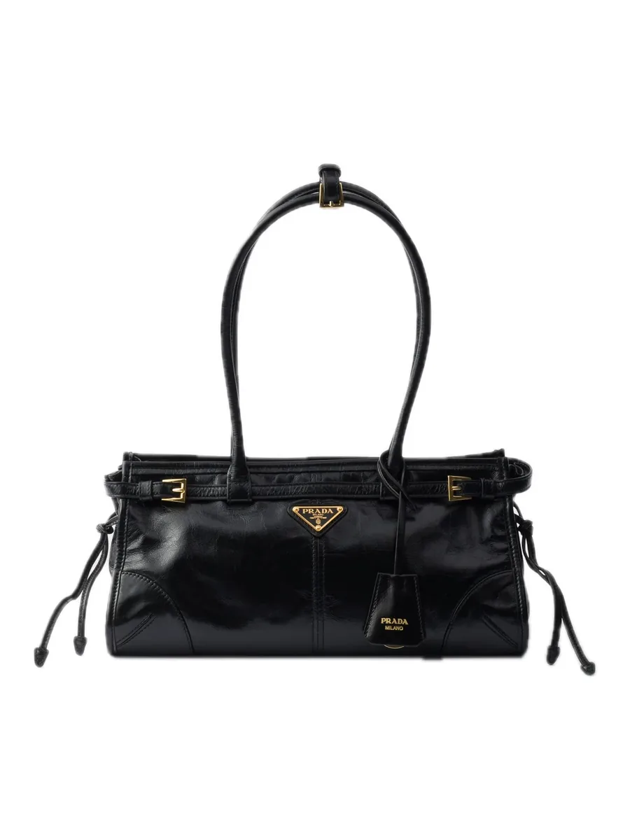 Black Leather Top-Handle Bag, front view