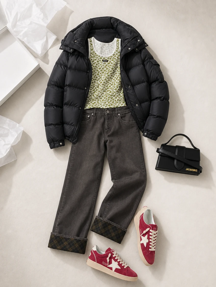 Flat lay: Moncler Maya 70 puffer, Miu Miu printed tank top, Burberry wide-leg jeans, red Golden Goose Ball Star sneakers and Jacquemus Le Bambino bag