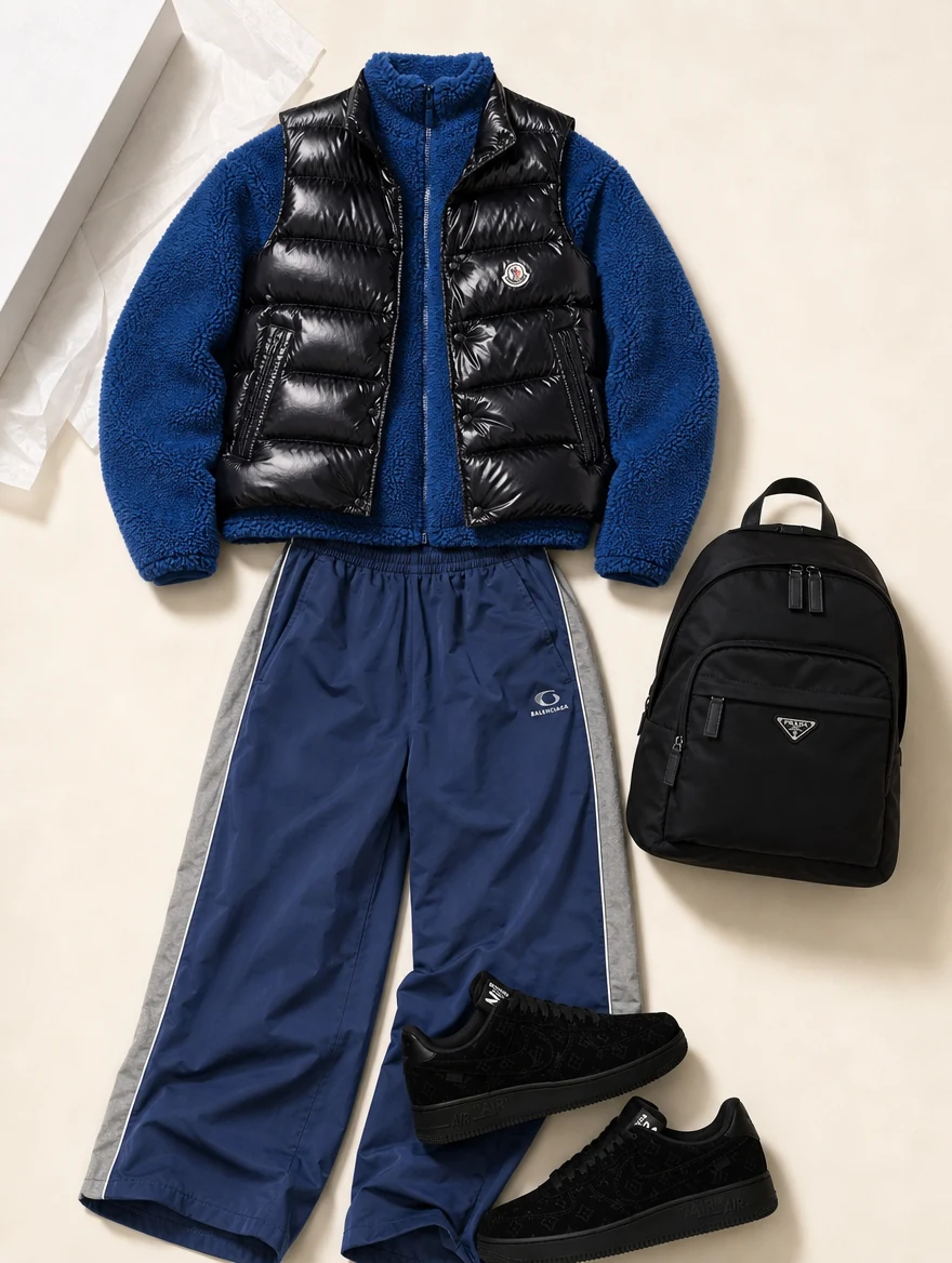 Flat lay: Moncler Tibb gilet over a Balenciaga blue fleece jacket, Balenciaga track pants, black Louis Vuitton x Nike Air Force 1 and Prada Re-Nylon backpack