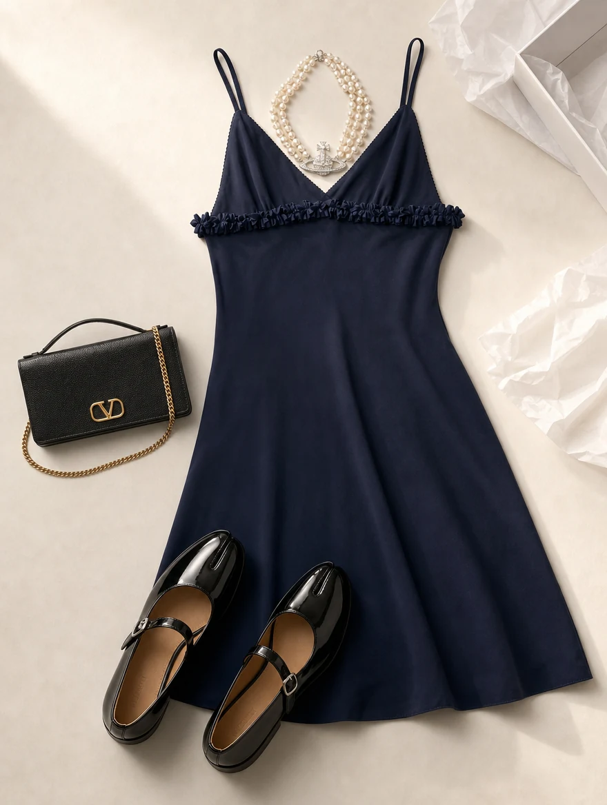 Flat lay: Miu Miu navy slip dress, Vivienne Westwood three-row pearl necklace, Maison Margiela Tabi Mary-Jane shoes and Valentino Garavani VLogo wallet-on-chain