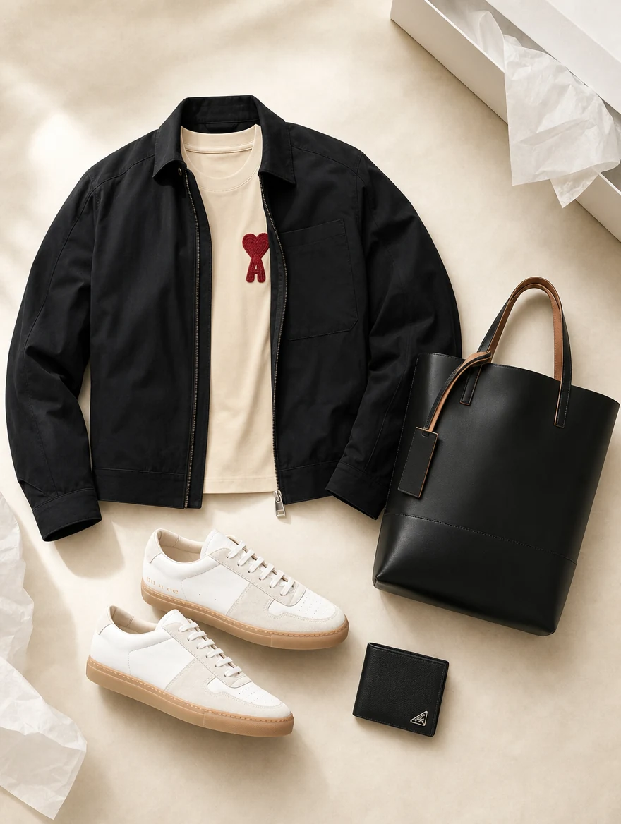 Flat lay: Jacquemus black utility jacket, AMI Paris de Coeur T-shirt, Common Projects white suede sneakers, Marni Tribeca tote and Prada Saffiano wallet