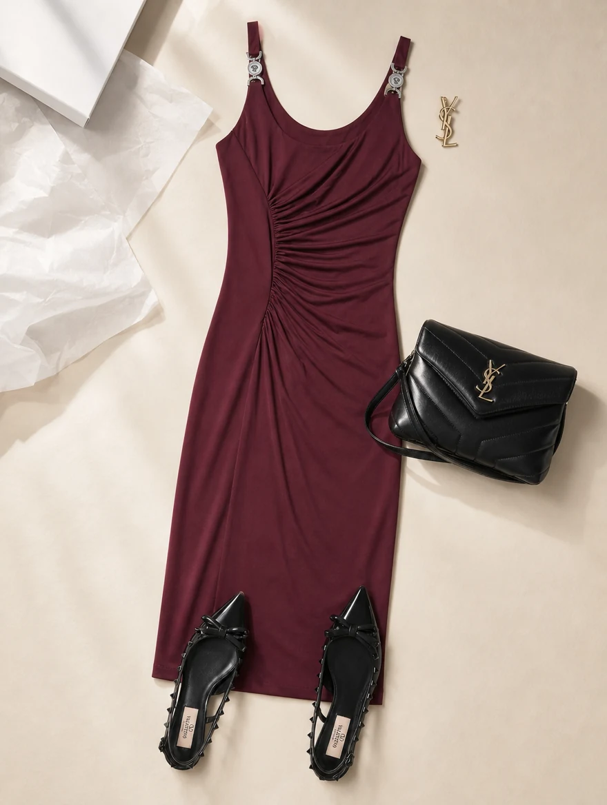 Flat lay: Versace red Medusa-hardware midi dress, Valentino Garavani Rockstud Bow ballerinas, Saint Laurent Loulou Toy bag and a gold-tone Saint Laurent earring