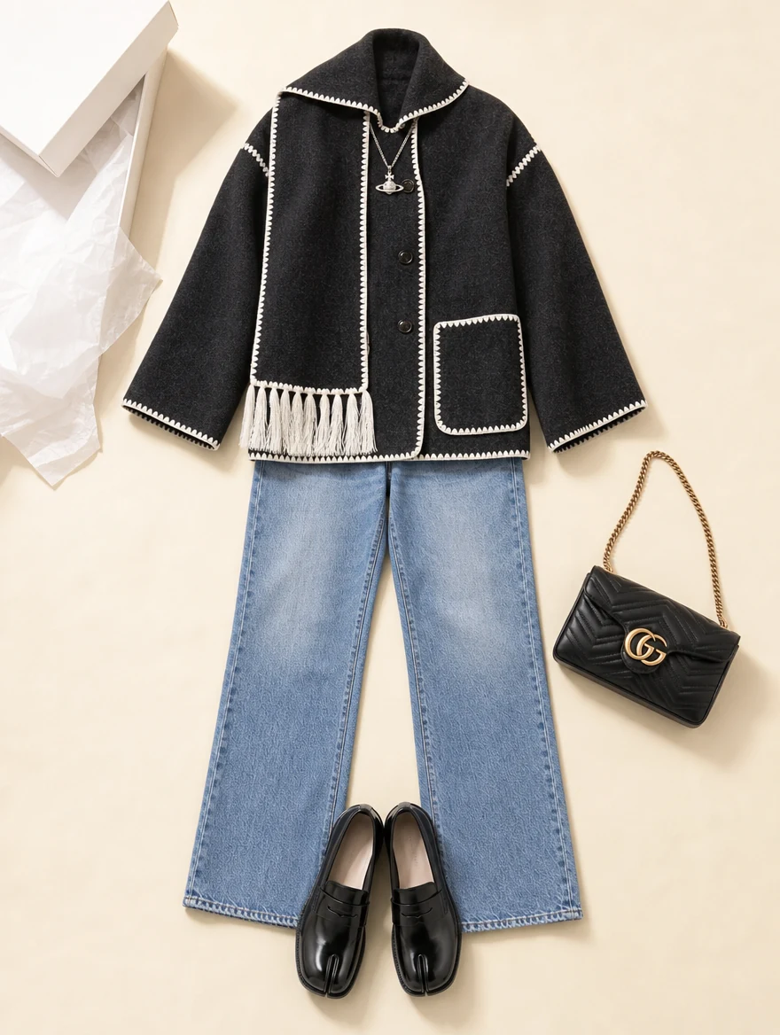 Flat lay: TOTEME embroidered scarf jacket, TOTEME light-wash jeans, Maison Margiela Tabi loafers, Gucci mini GG Marmont bag and Vivienne Westwood orb pendant