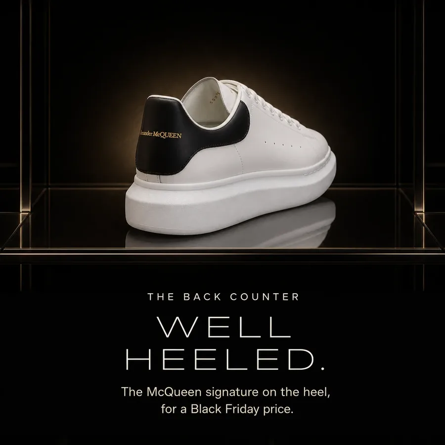 Well heeled: the McQueen signature on the back counter, for a Black Friday price.