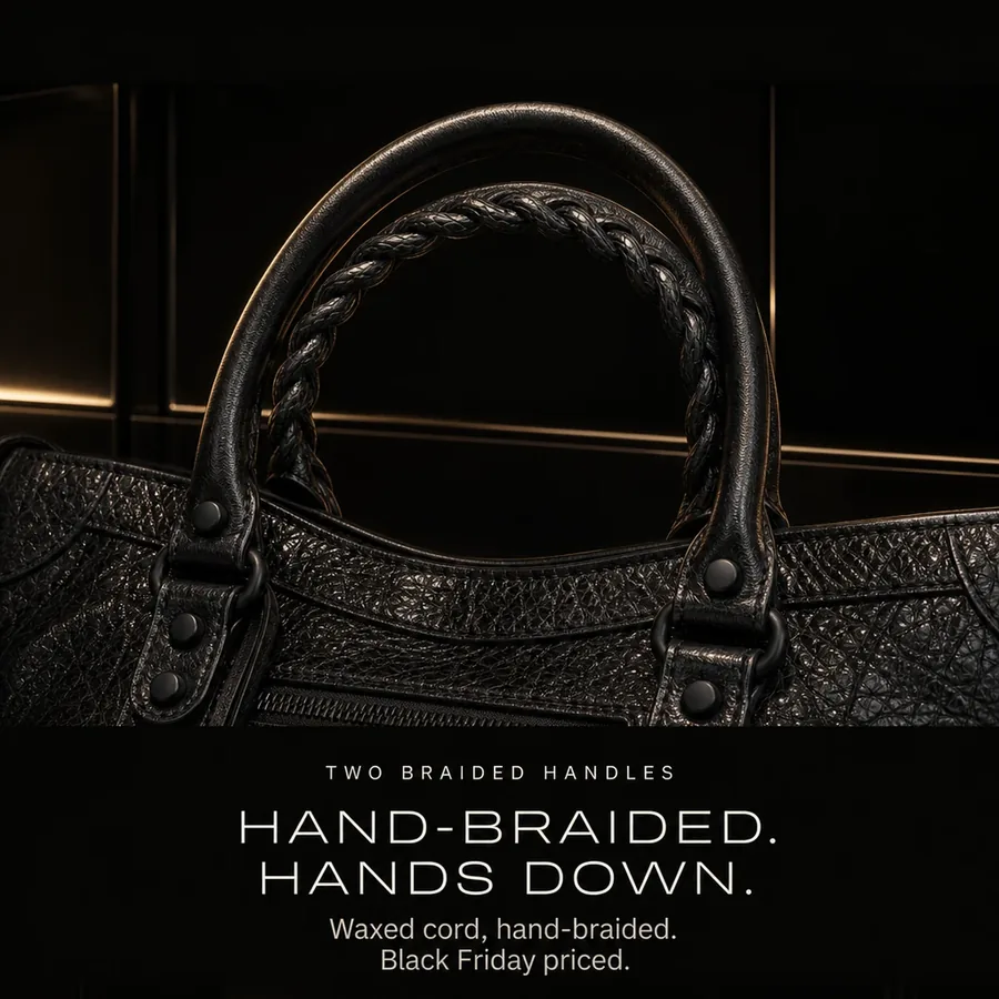 Two braided handles: hand-braided, hands down. Waxed cord, braided by hand, Black Friday priced.