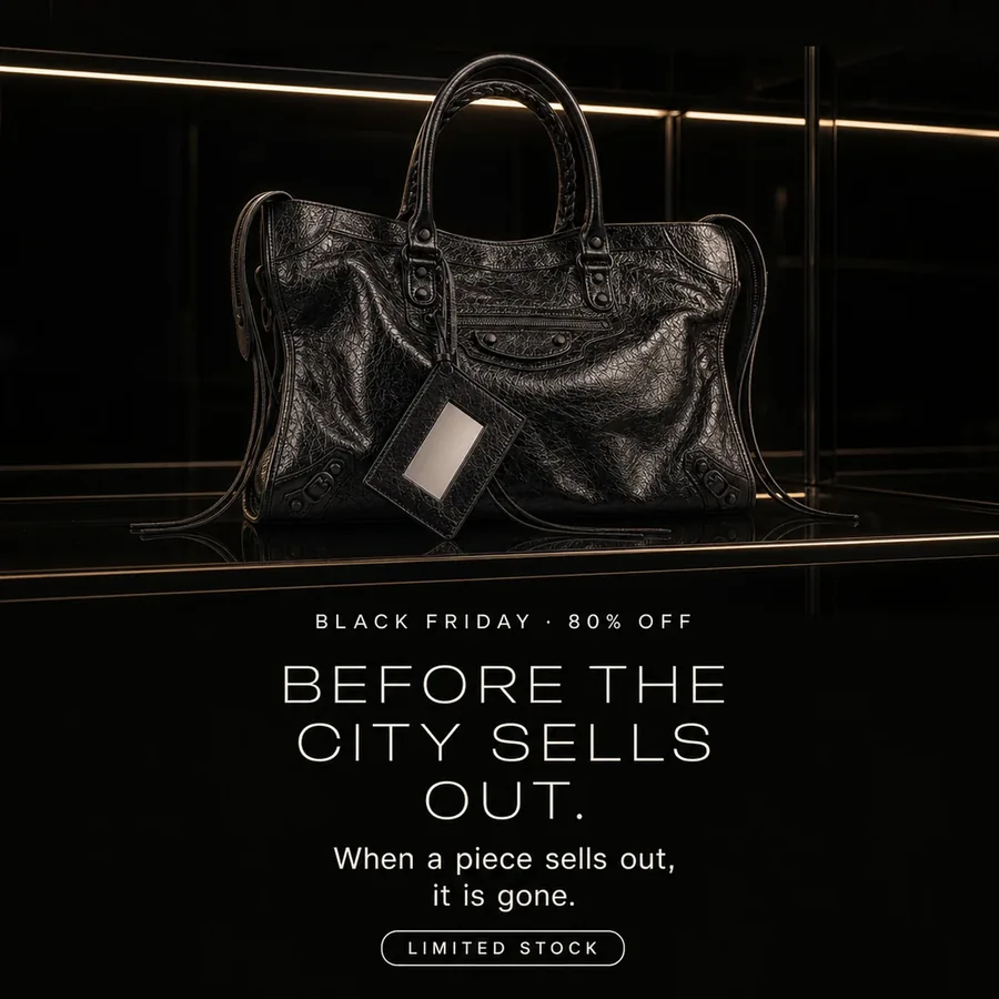 Black Friday, 80% off: before the City sells out. When a piece sells out, it is gone. Limited stock.