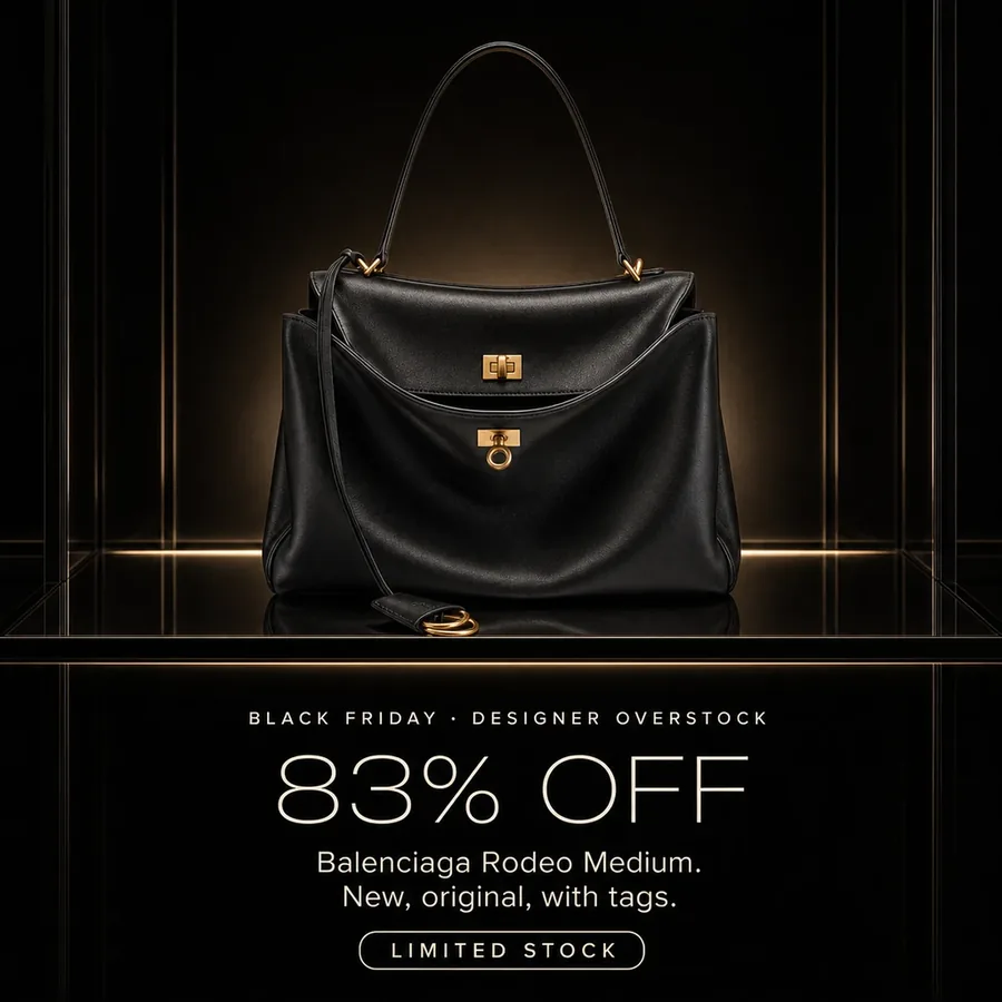 Black Friday, designer overstock: 83% off the Balenciaga Rodeo Medium handbag, new, original, with tags. Limited stock.