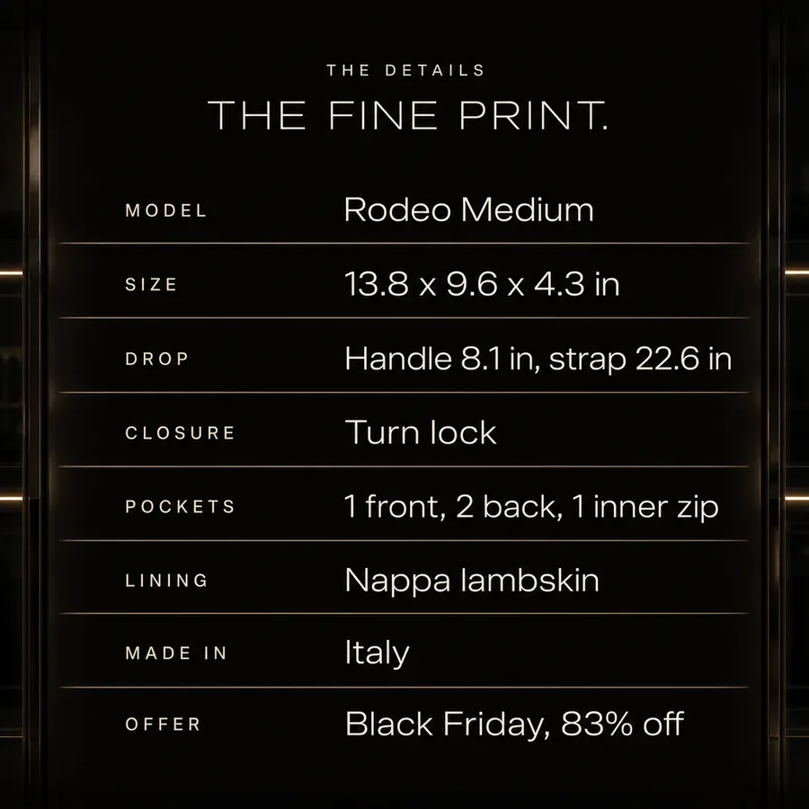 The fine print: Rodeo Medium, 13.8 x 9.6 x 4.3 in, turn lock, nappa lambskin lining, made in Italy. Black Friday, 83% off.