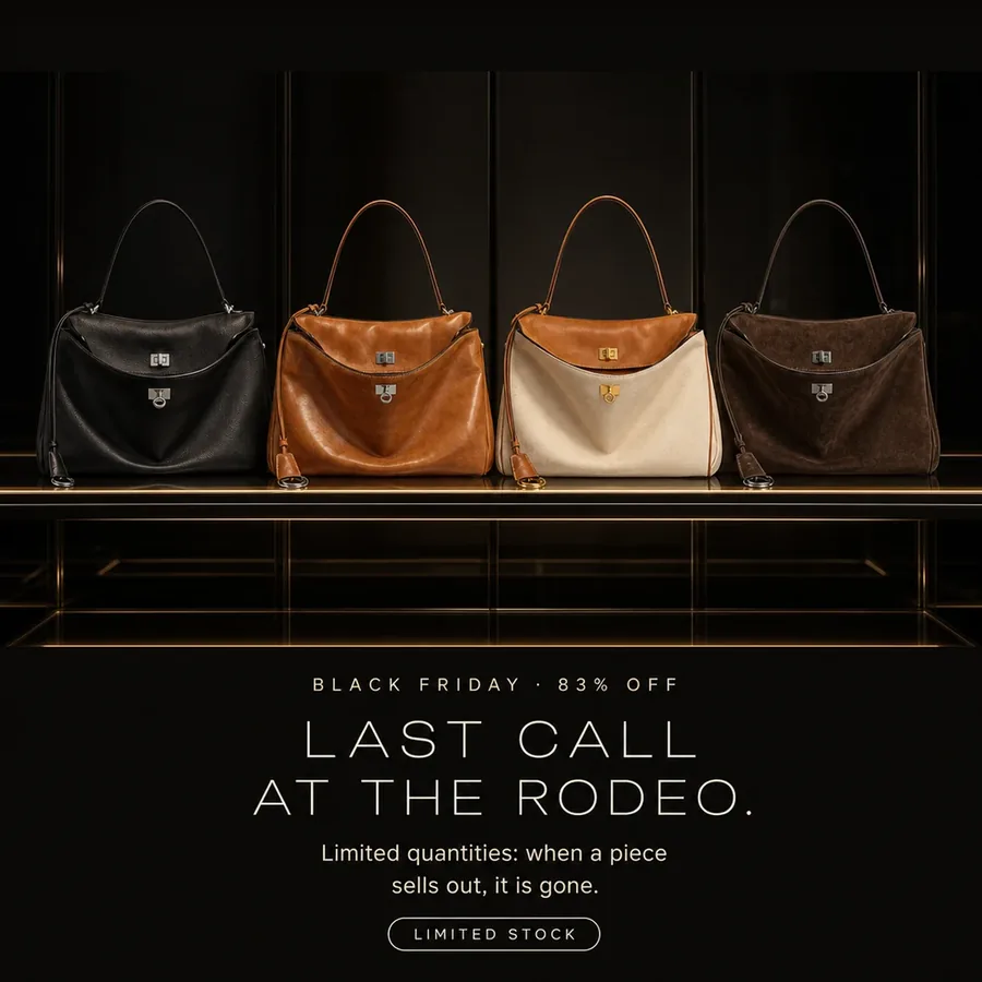 Black Friday, 83% off: last call at the Rodeo. Limited quantities: when a piece sells out, it is gone.