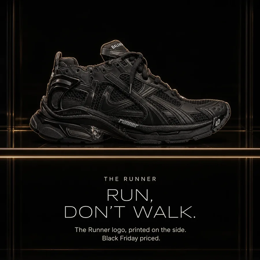 Run, don't walk: the Runner logo, printed on the side of every pair. Black Friday priced.