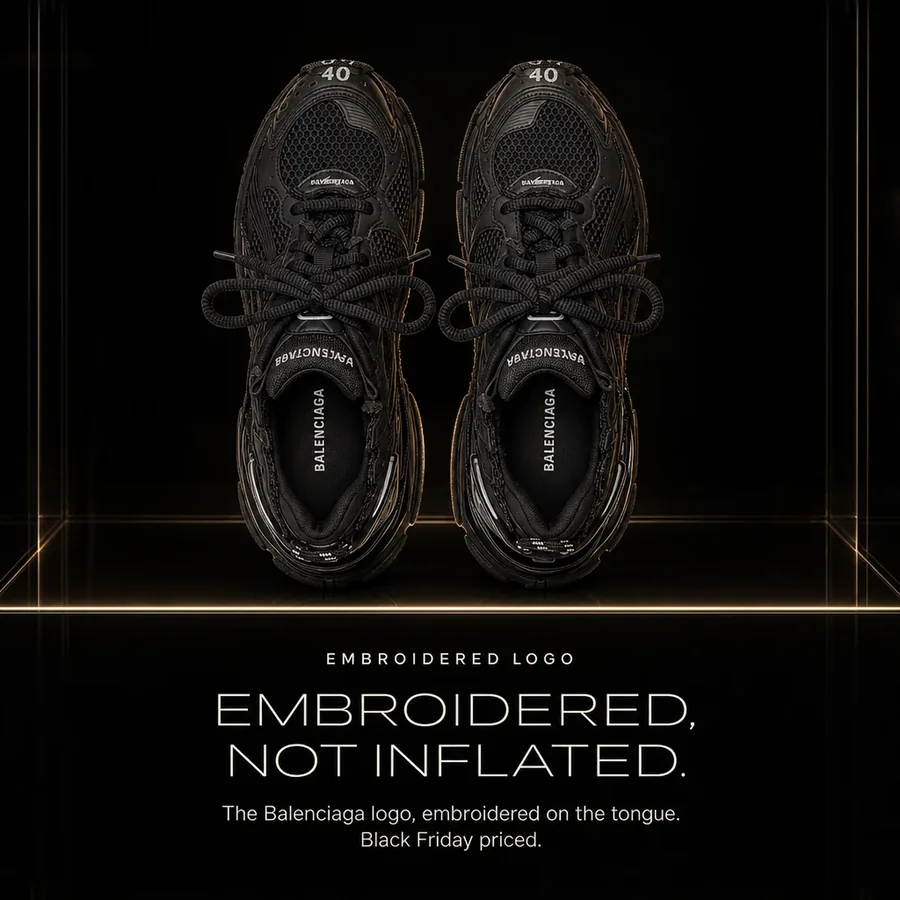 Embroidered, not inflated: the Balenciaga logo, embroidered on the tongue. Black Friday priced.