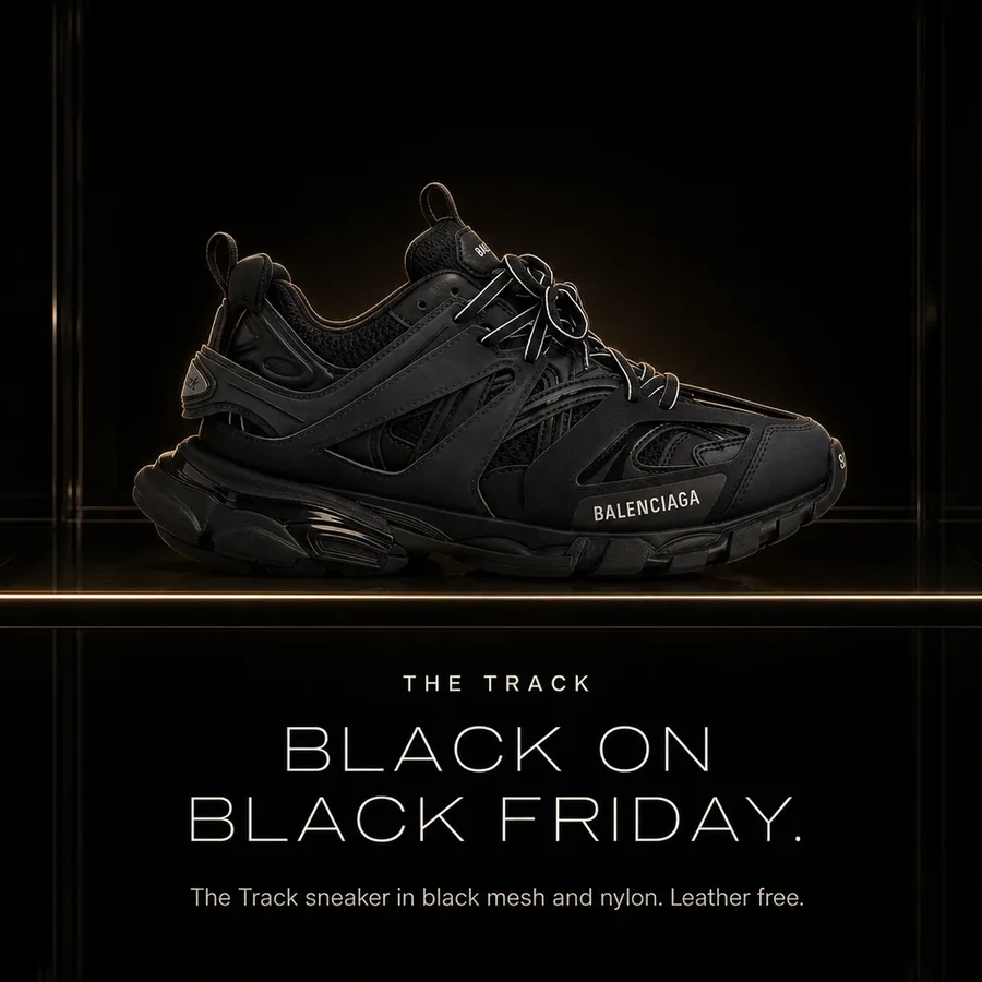 The Track: black on Black Friday. The Balenciaga Track sneaker in black mesh and nylon, leather free.