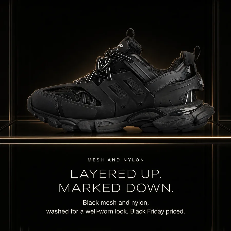 Layered up, marked down: black mesh and nylon, washed for a well-worn look. Black Friday priced.