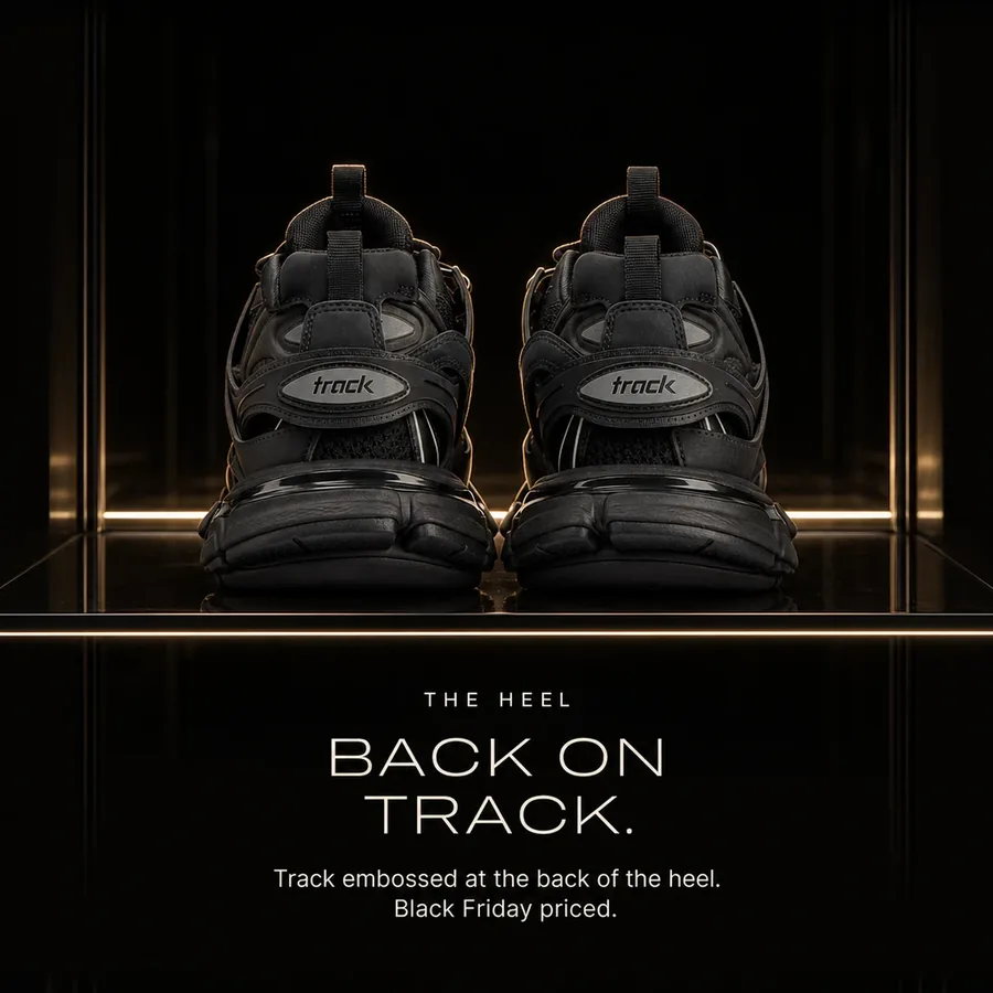 Back on track: Track embossed at the back of the heel. Black Friday priced.
