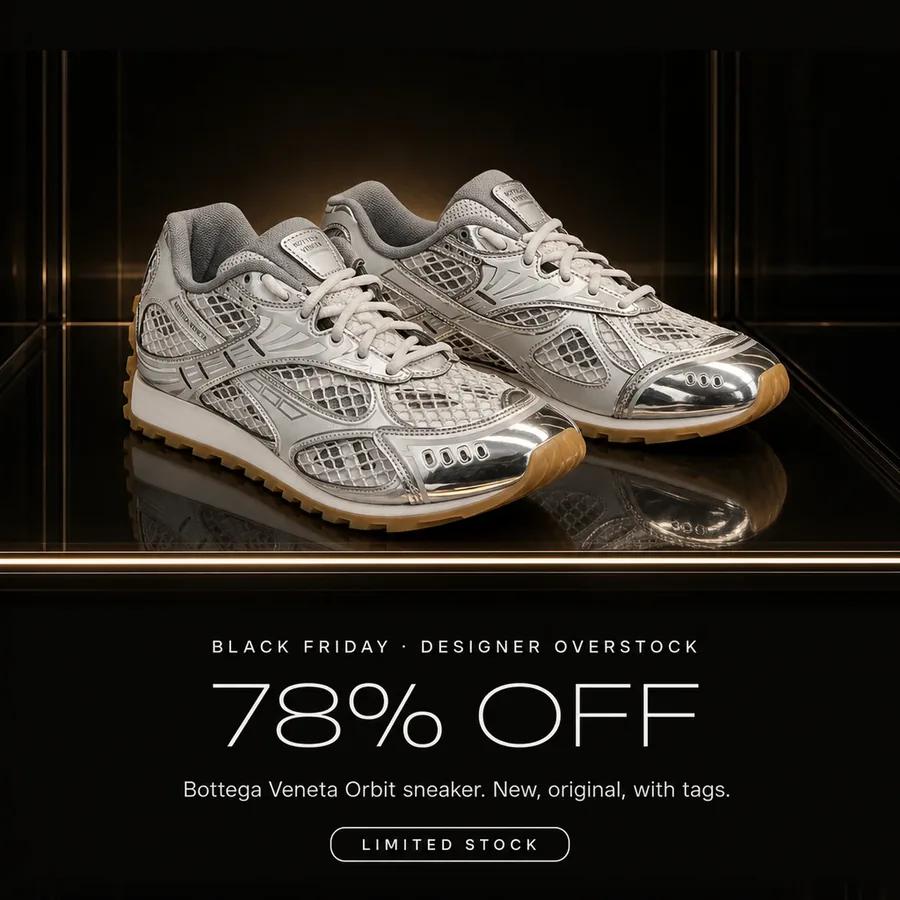 Black Friday, designer overstock: 78% off the Bottega Veneta Orbit sneaker, new, original, with tags. Limited stock.