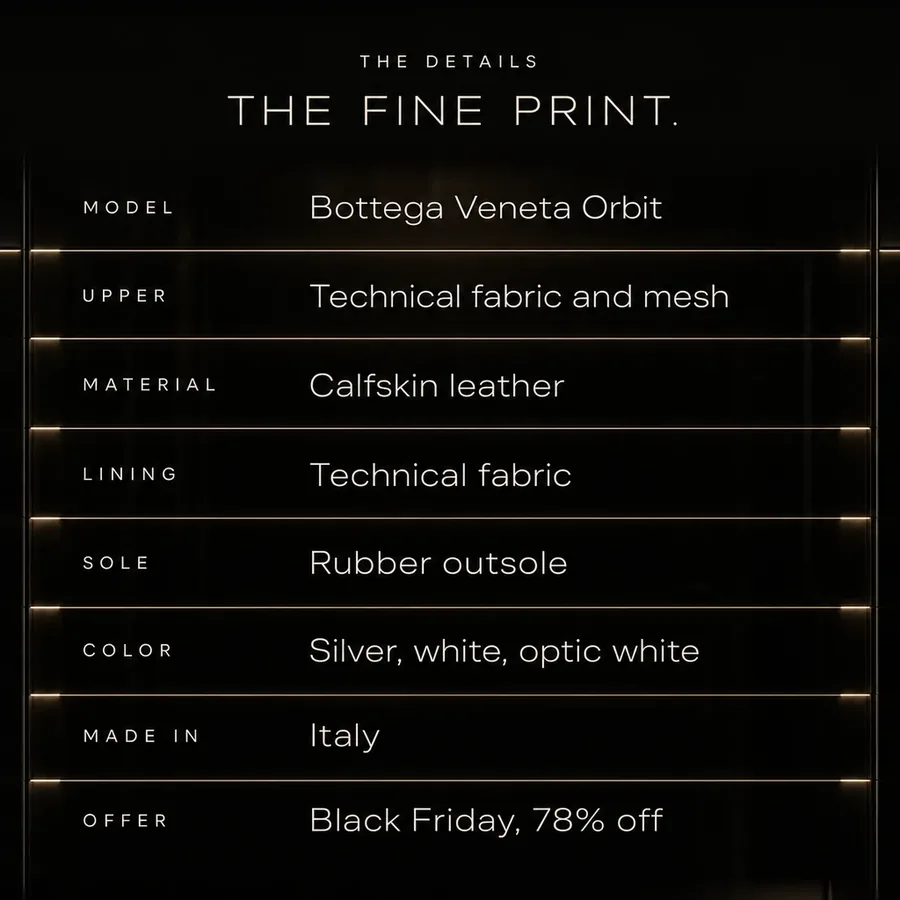 The fine print: Bottega Veneta Orbit, technical fabric and mesh, calfskin leather, made in Italy. Black Friday, 78% off.