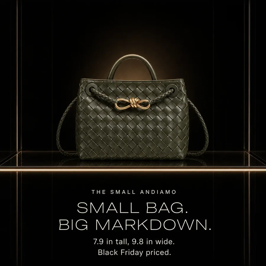 The Small Andiamo: small bag, big markdown. 7.9 in tall, 9.8 in wide. Black Friday priced.