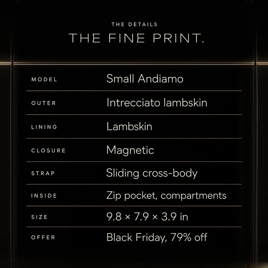 The fine print: Small Andiamo in Intrecciato lambskin, magnetic closure, cross-body strap. Black Friday, 79% off.