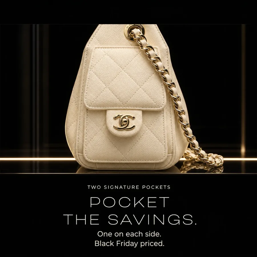 Pocket the savings: two signature pockets, one on each side of the Chanel 25 Mini. Black Friday priced.