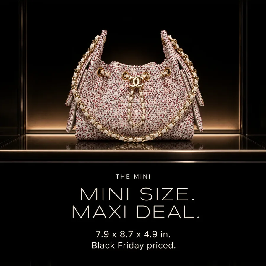Mini size, maxi deal: the Chanel 25 Mini in ecru, red and blue tweed, 7.9 x 8.7 x 4.9 in. Black Friday priced.