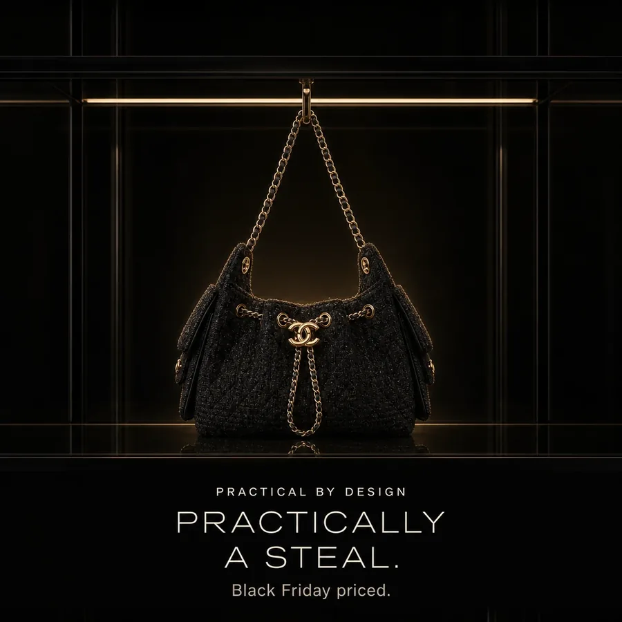 Practically a steal: the Chanel 25 Mini in black tweed, hanging by its chain. Black Friday priced.