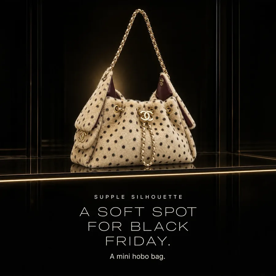 A soft spot for Black Friday: the Chanel 25 Mini in spotted light beige and black, a supple mini hobo bag.
