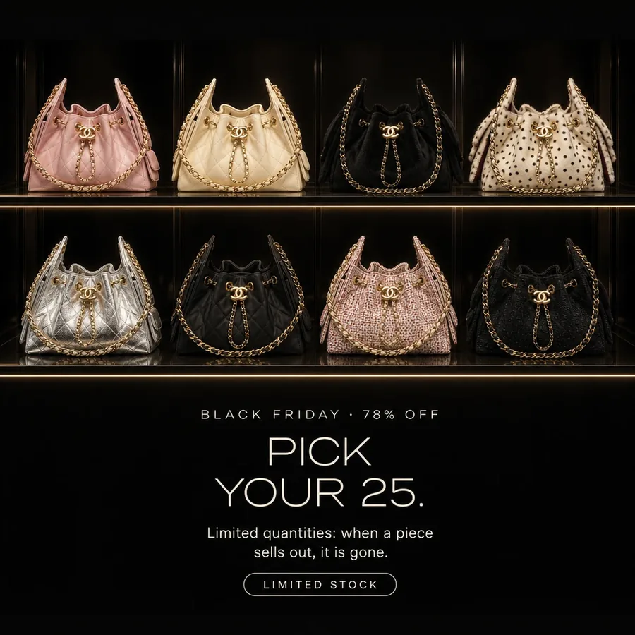 Black Friday, 78% off: pick your 25, the Chanel 25 Mini in eight colours. Limited stock.