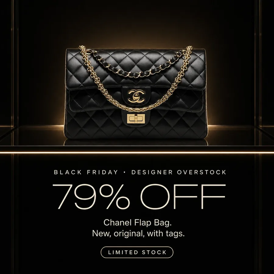 Black Friday, designer overstock: 79% off the Chanel Flap Bag, new, original, with tags. Limited stock.