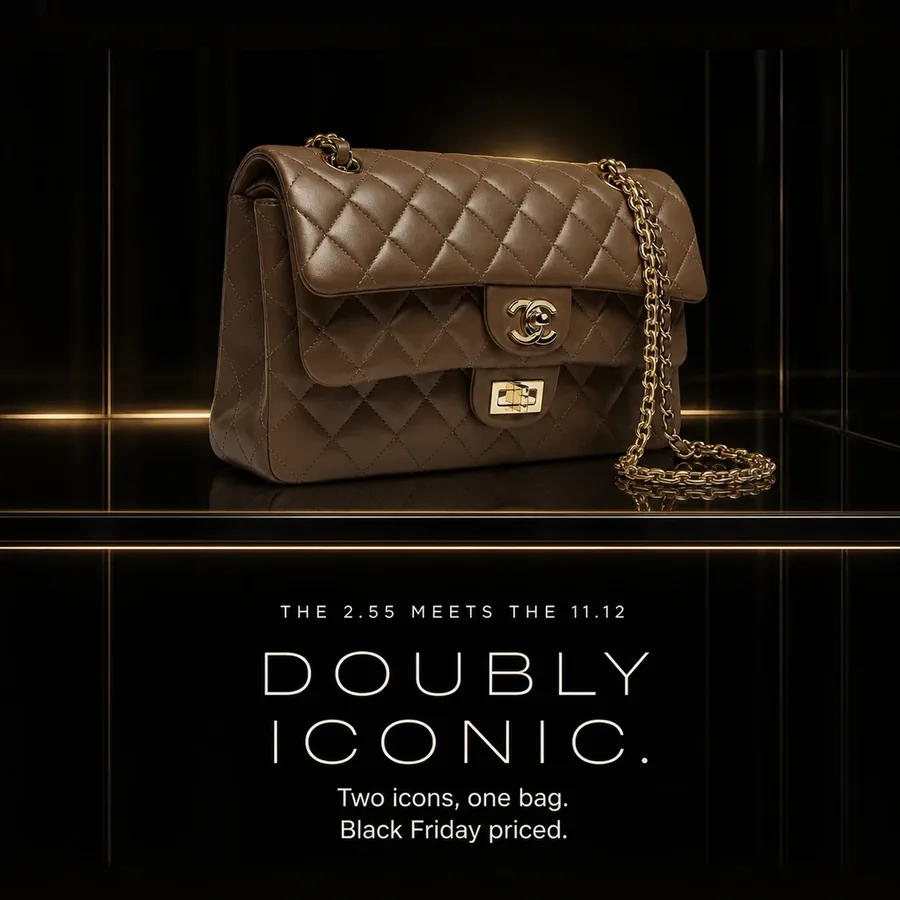 Doubly iconic: the 2.55 meets the 11.12 in the Chanel Flap Bag in brown, Black Friday priced.
