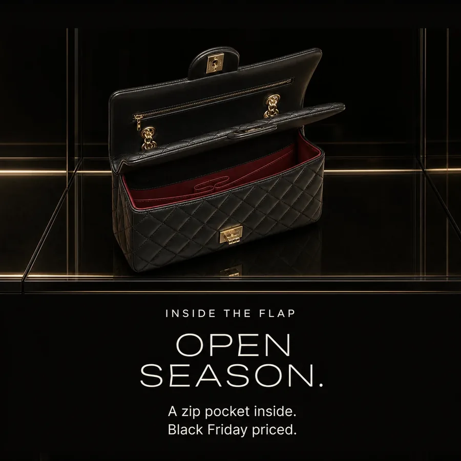 Open season: the inside of the Chanel Flap Bag, with a zip pocket under the flap, Black Friday priced.