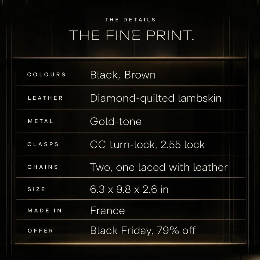 The fine print: diamond-quilted lambskin, gold-tone metal, two clasps, two chains, made in France. Black Friday, 79% off.