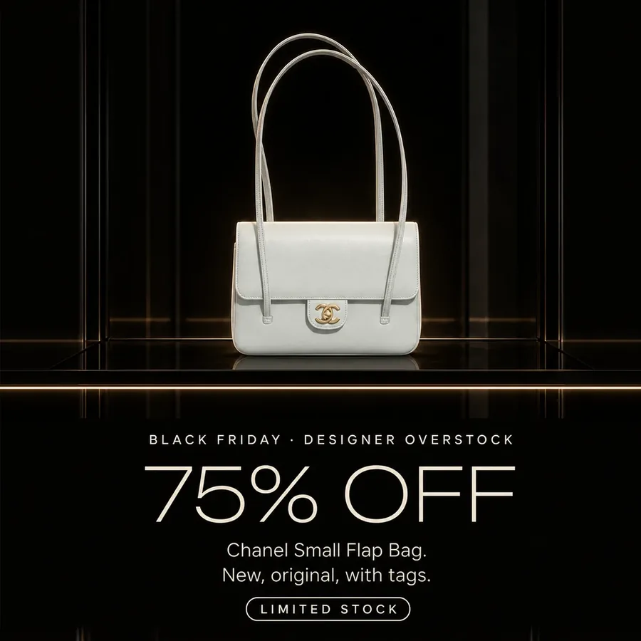 Black Friday, designer overstock: 75% off the Chanel Small Flap Bag, new, original, with tags. Limited stock.