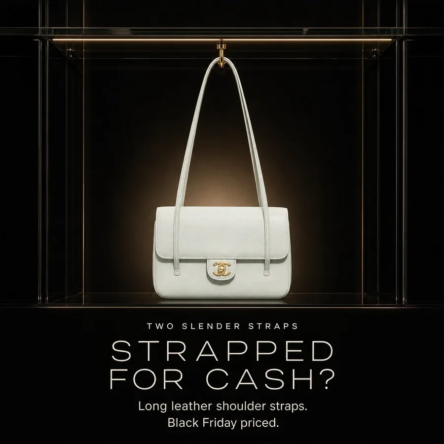 Strapped for cash? Two long, slender leather shoulder straps on the light green Small Flap Bag, Black Friday priced.