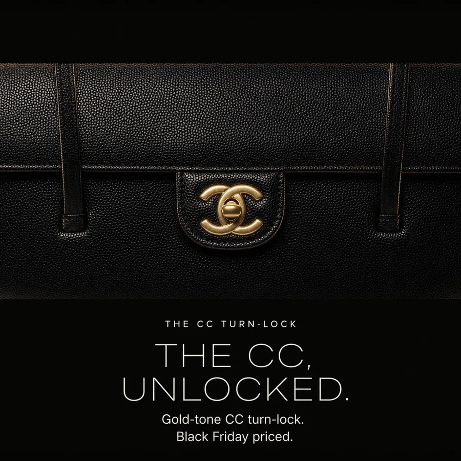 The CC, unlocked: the gold-tone CC turn-lock of the Chanel Small Flap Bag in black, Black Friday priced.