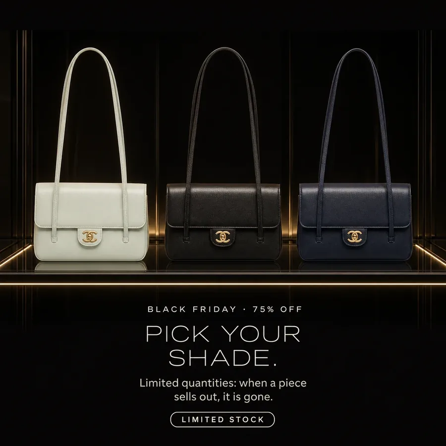 Black Friday, 75% off: pick your shade of the Chanel Small Flap Bag in light green, black or dark blue. Limited stock.