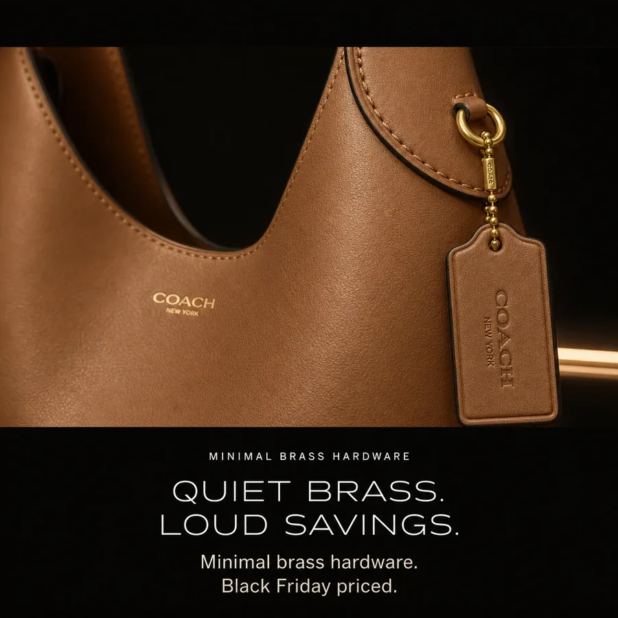 Quiet brass, loud savings: the gold COACH stamp and the leather hangtag on its brass chain, in honey brown.