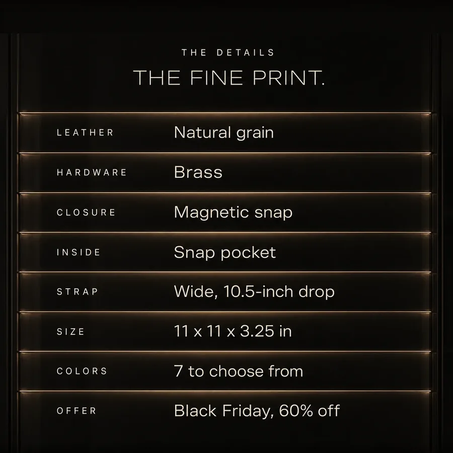 The fine print: natural grain leather, brass hardware, magnetic snap, 11 x 11 x 3.25 in. Black Friday, 60% off.