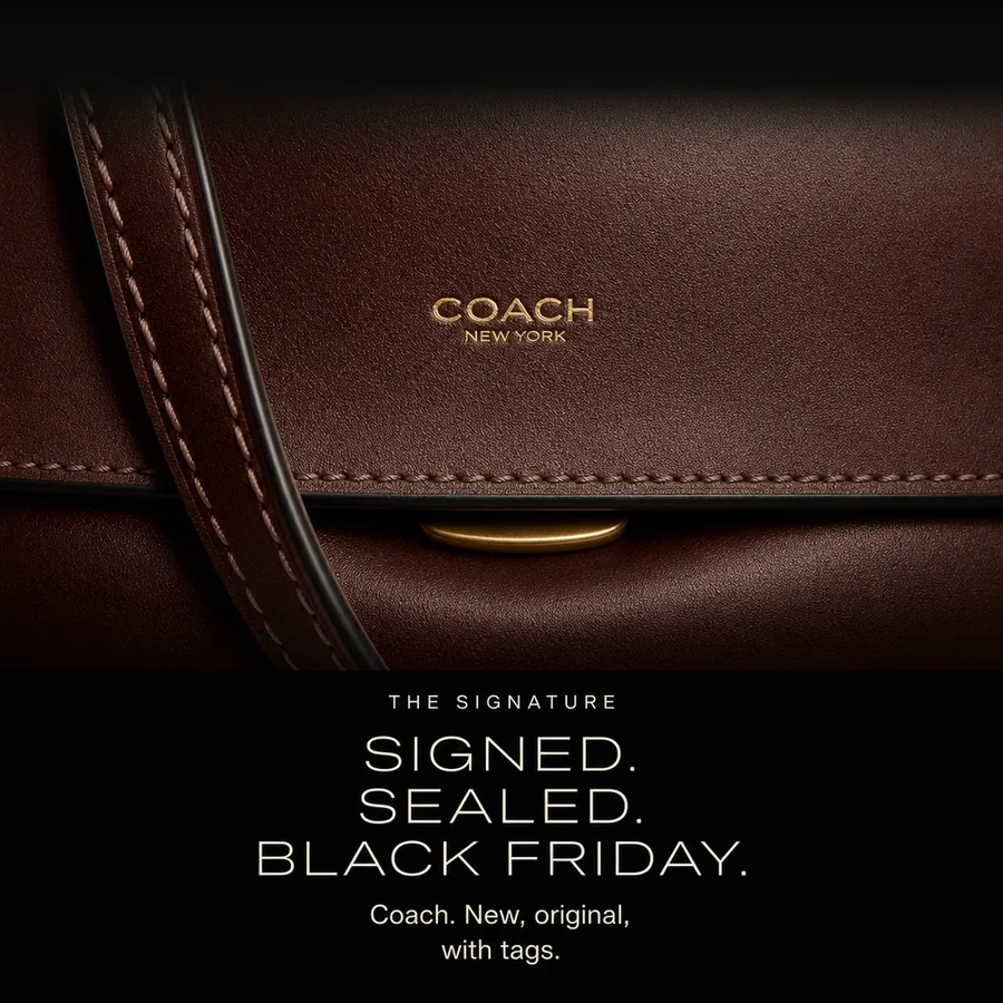 Signed, sealed, Black Friday: the gold COACH New York stamp on the flap. New, original, with tags.