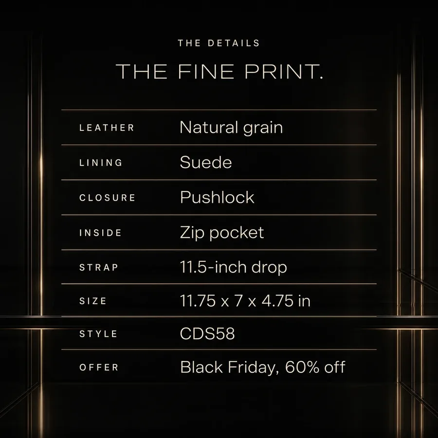 The fine print: natural grain leather, suede lining, pushlock, zip pocket, 11.75 x 7 x 4.75 in. Black Friday, 60% off.
